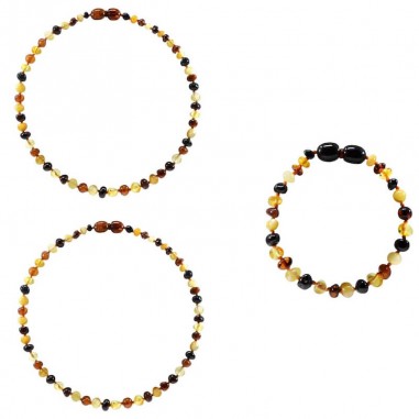 Assortiment De 2 Colliers Pour Bebe Et 1 Bracelet Pour Adulte En Ambre Multicolore Irreversible Bijoux