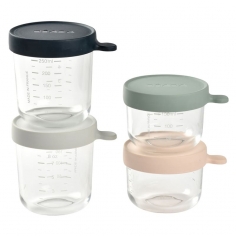Coffret 4 pots portions en verre Béaba - Rose, bleu et gris