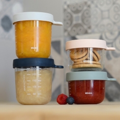 Coffret 4 pots portions en verre Béaba - Rose, bleu et gris 2