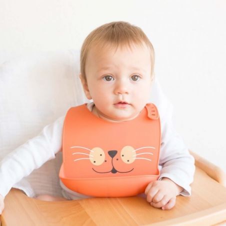 Bavoir en Silicone avec Récupérateur Chat Rouille Trois Kilos Sept