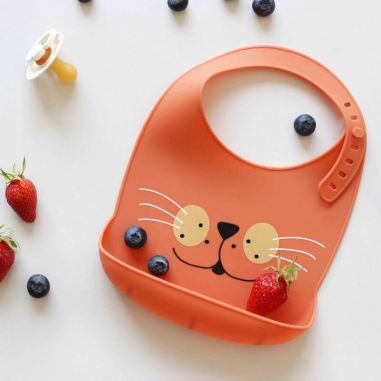 Bavoir en Silicone avec Récupérateur Chat Rouille Trois Kilos Sept