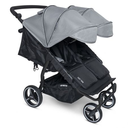 Poussette Double Easy Twin 3S Light Chassis Noir + Habillage Pluie Baby Monsters